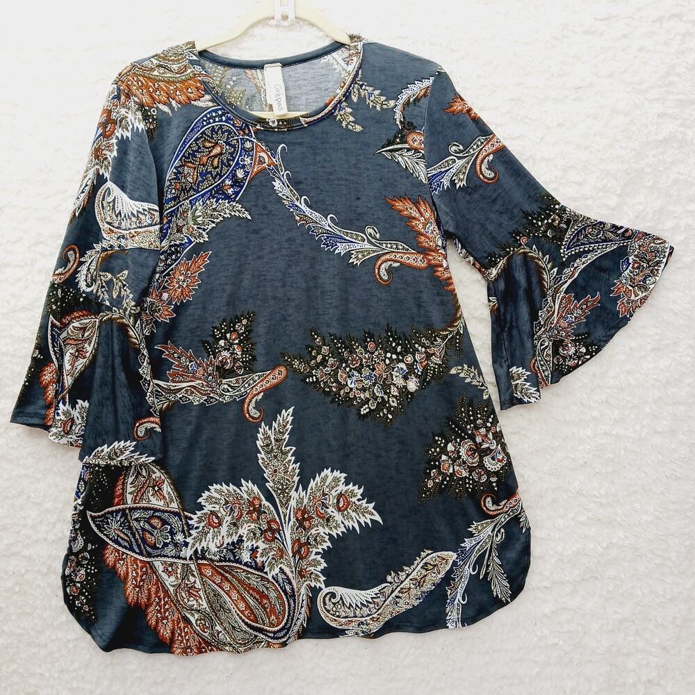 Blouse Tunic Paisley Boho Whimsycore Festival Artsy Flowing Bell Sleeve Size S